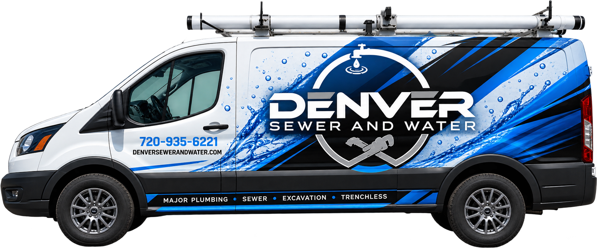 Denver Sewer and Water service van with sewer, excavation, and trenchless lettering