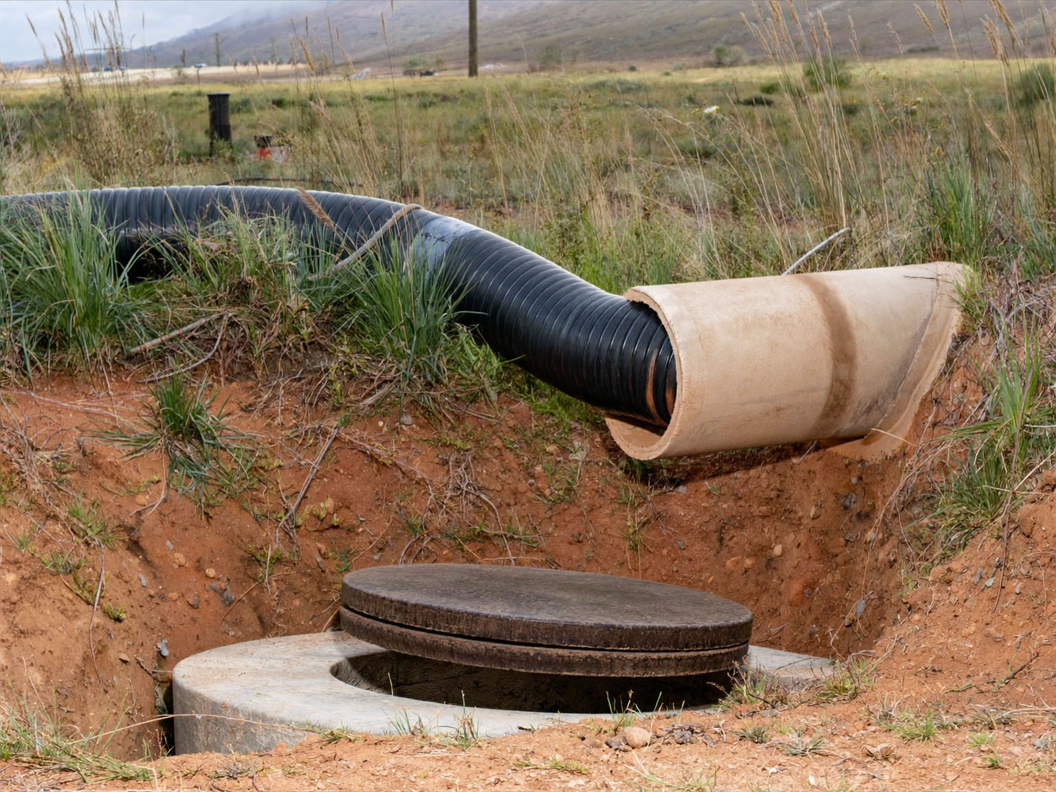 Hydro jetting hose positioned at a septic line cleanout on a Denver metro acreage property.