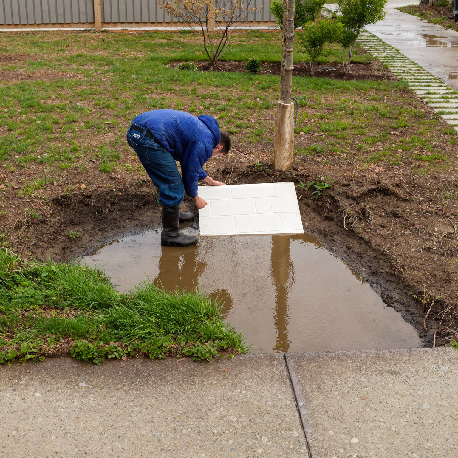 A drainage contractor inspects standing water and a downspout beside an Arvada home after rainfall.