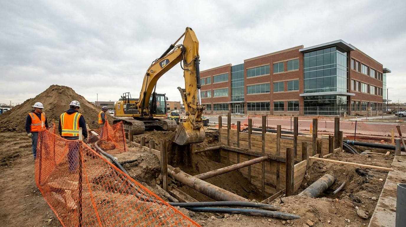 Excavator digging a deep shored trench for a storm drain and fire line at a Denver commercial site
