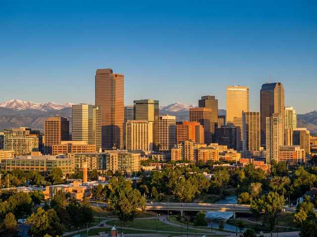 Photograph of the Denver, Colorado skyline at golden hour with the Rocky Mountains visible behind the downtown buildings.