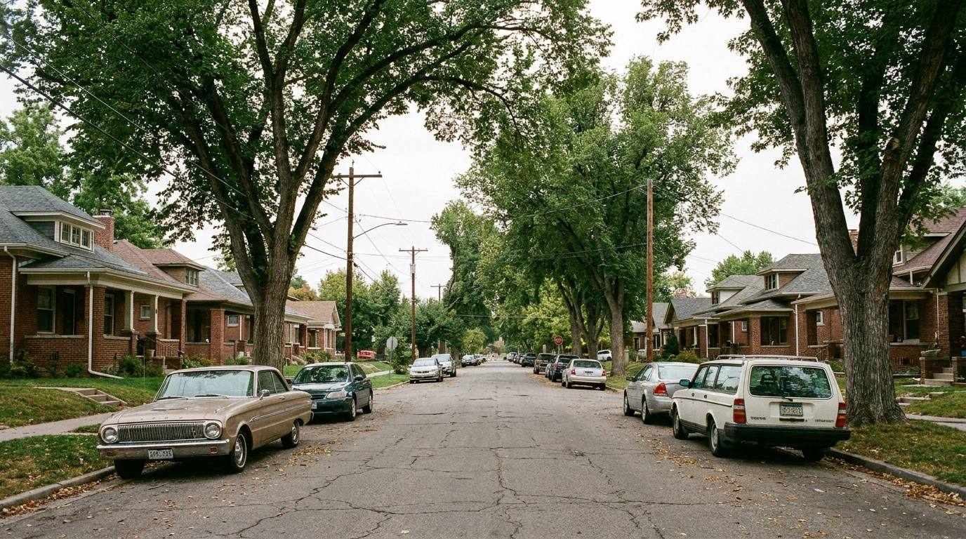 Tree lined Denver residential street with 1920s brick bungalows and mature elms