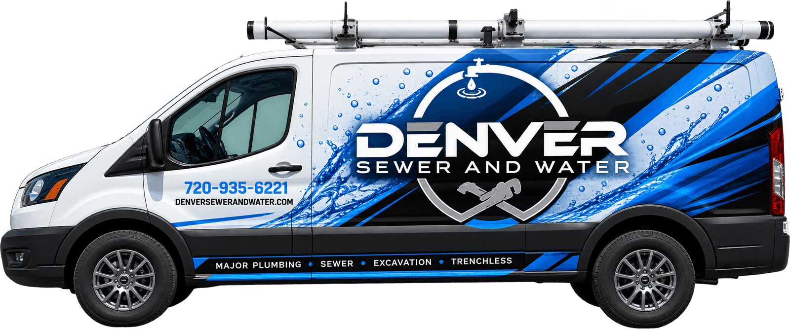 Denver Sewer and Water service van with sewer, excavation, and trenchless lettering