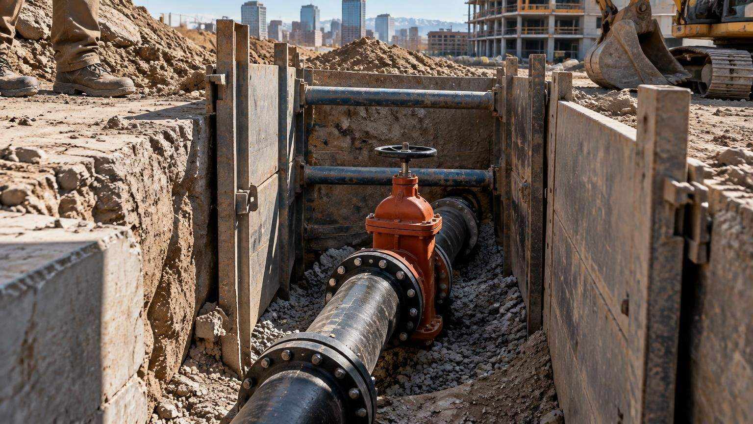 Shored commercial excavation in Denver with a new ductile iron fire service line and gate valve.
