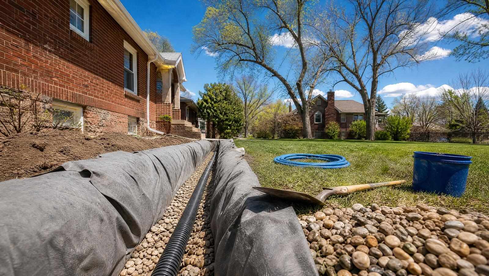 Perforated drainage pipe bedded in washed rock at the bottom of a narrow French drain trench in a Denver side yard, with filter fabric folded back over the trench walls.