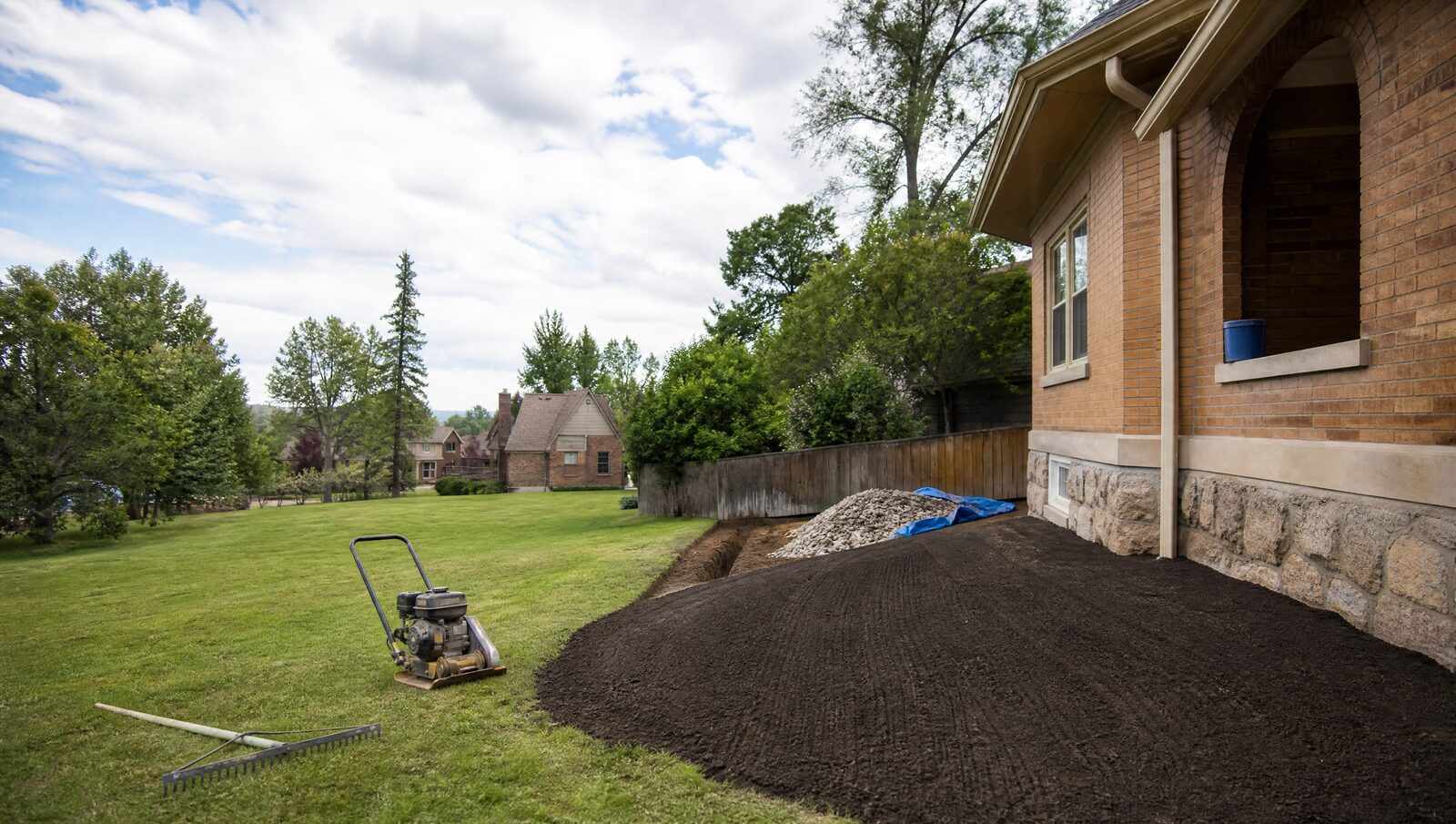A Denver side yard part way through drainage work, with soil regraded to fall away from the bungalow foundation in the foreground and an open gravel drain trench cut along the back fence line.