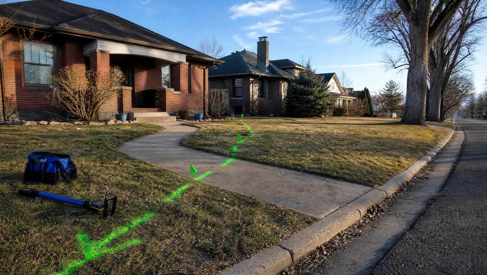 Green locate paint and marker flags tracing the buried sewer lateral across the front lawn and sidewalk of an older Denver bungalow toward the curb.