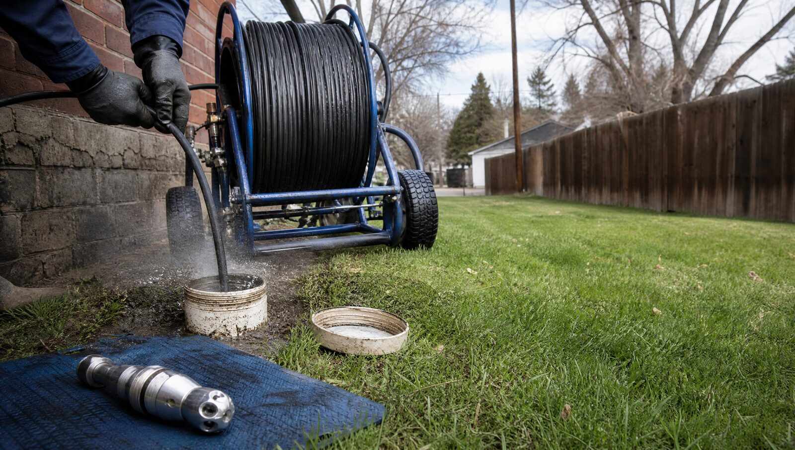 A high pressure jetting hose being fed into an open sewer cleanout beside a Denver home, with the hose reel behind it and a spare rotating nozzle head on the ground.