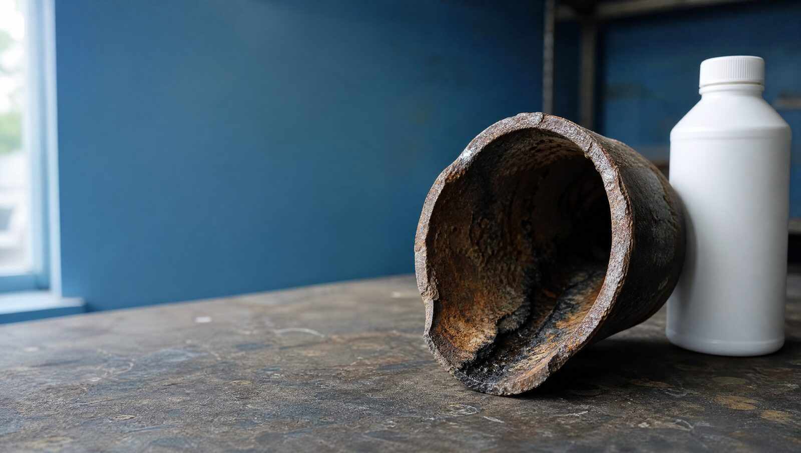 Cut-away section of cast iron drain pipe showing an interior wall pitted and etched by repeated chemical drain cleaner exposure, beside an unlabeled plastic bottle.