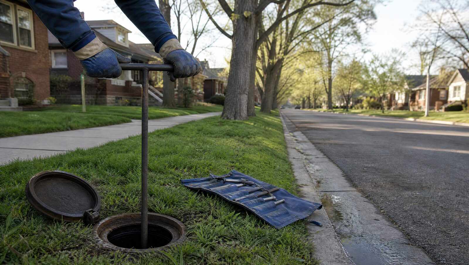 An open curb stop box in the grass strip beside a Denver sidewalk, with a long T handle curb key lowered into the shaft to reach the water service shut off below.