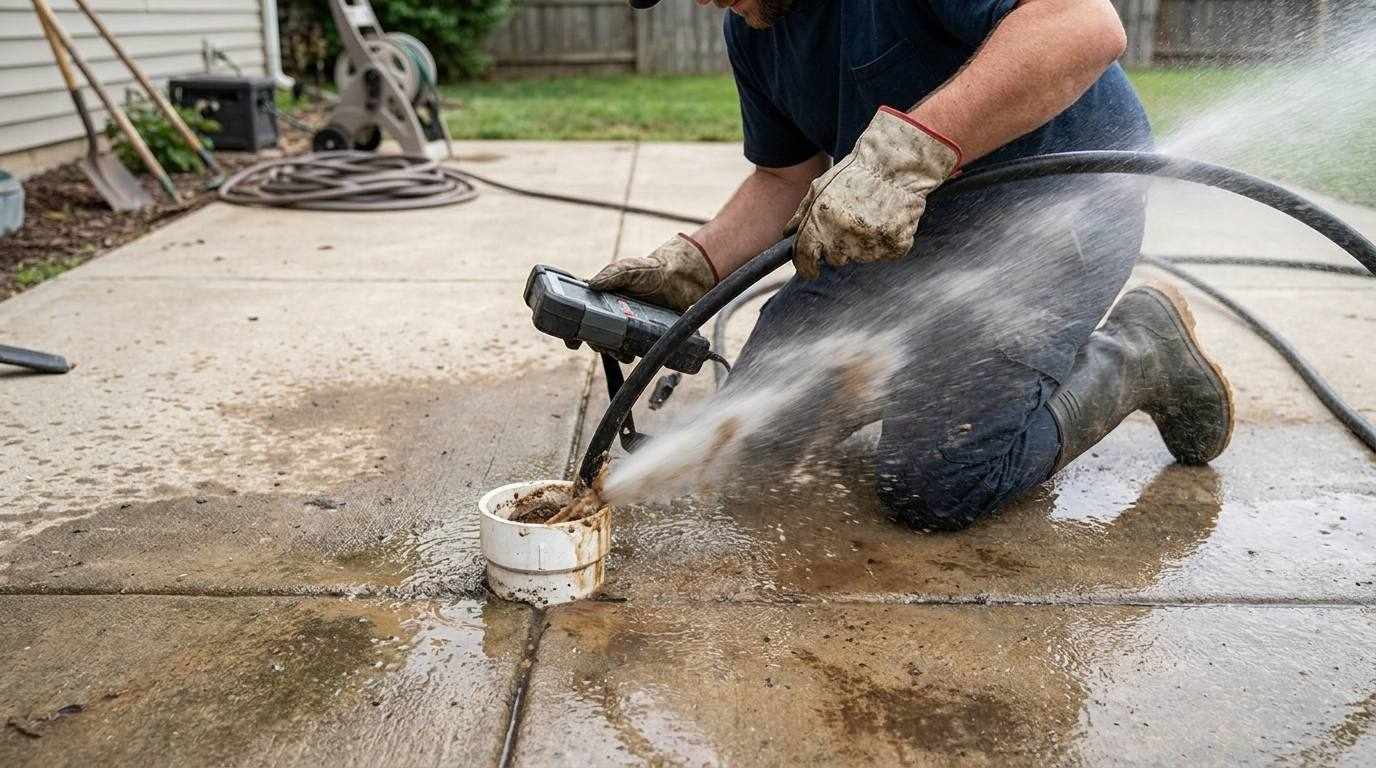 High pressure hydro jetting hose entering a sewer cleanout at a Denver home