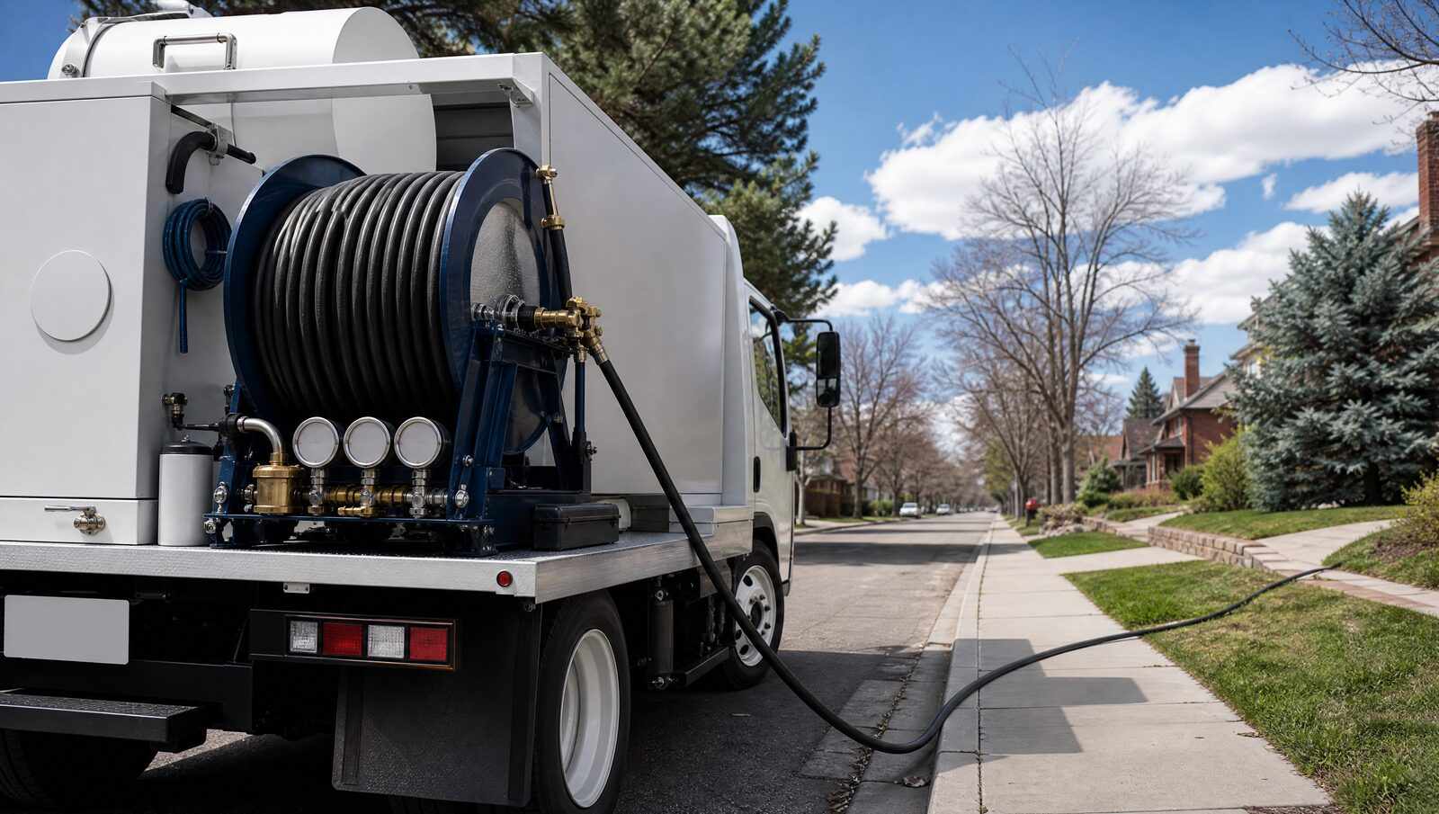 The hose reel, water tank and valve panel on the working side of a hydro jetting truck parked at the curb of a Denver street, with hose running out toward a yard.