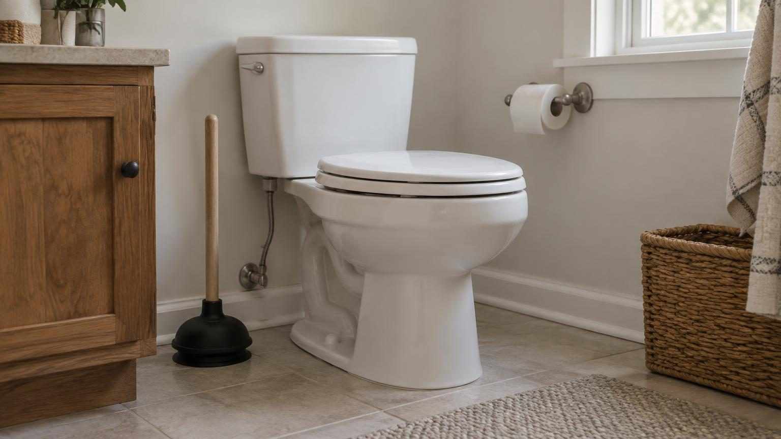 White residential bathroom toilet with a black flange plunger standing beside it in natural window light.