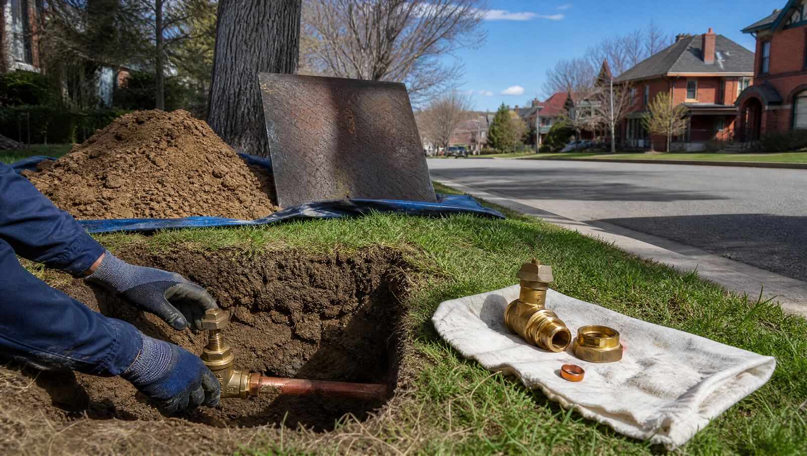 A small excavation at a Denver curb exposing a copper water service line and a brass curb stop valve, with a replacement valve and fittings staged at the pit edge.