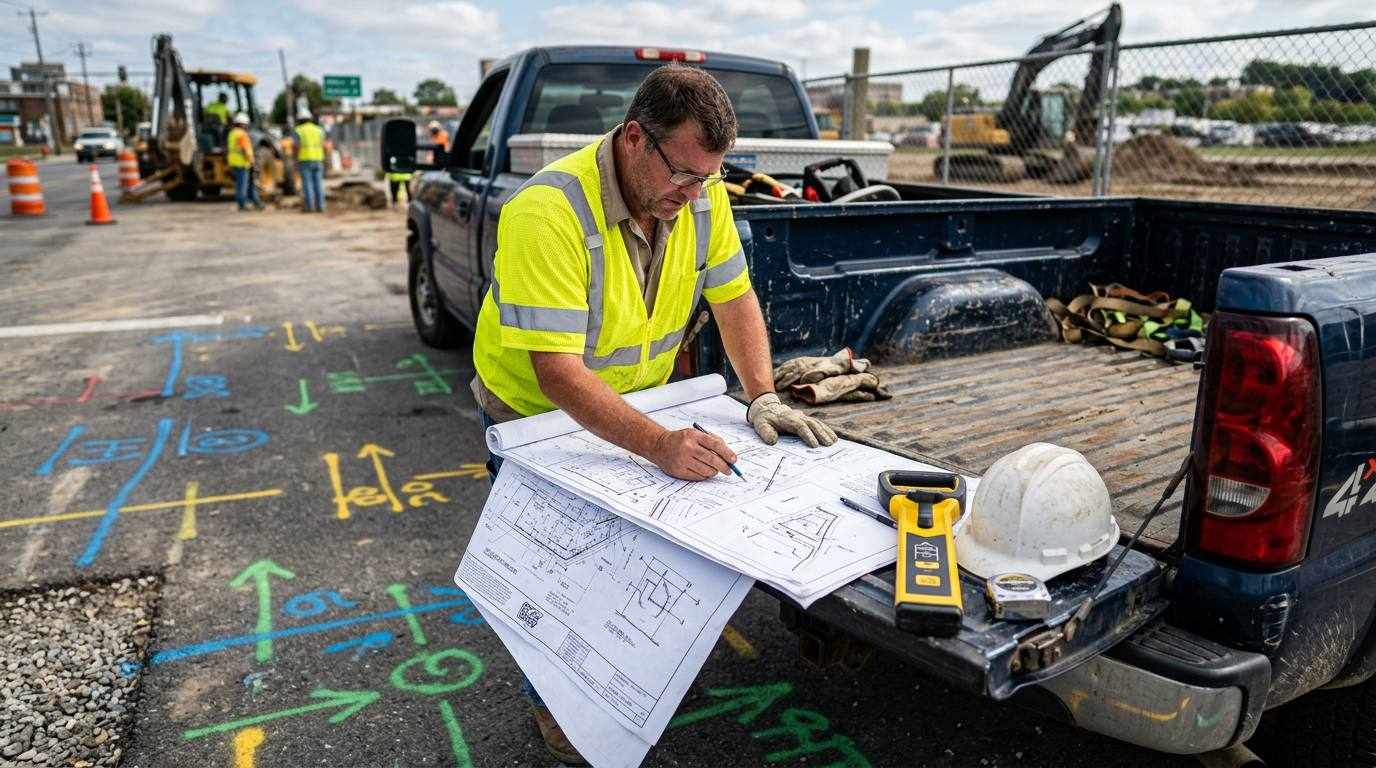 Contractor reviewing utility permit plans on a work truck tailgate with locate marks on the pavement