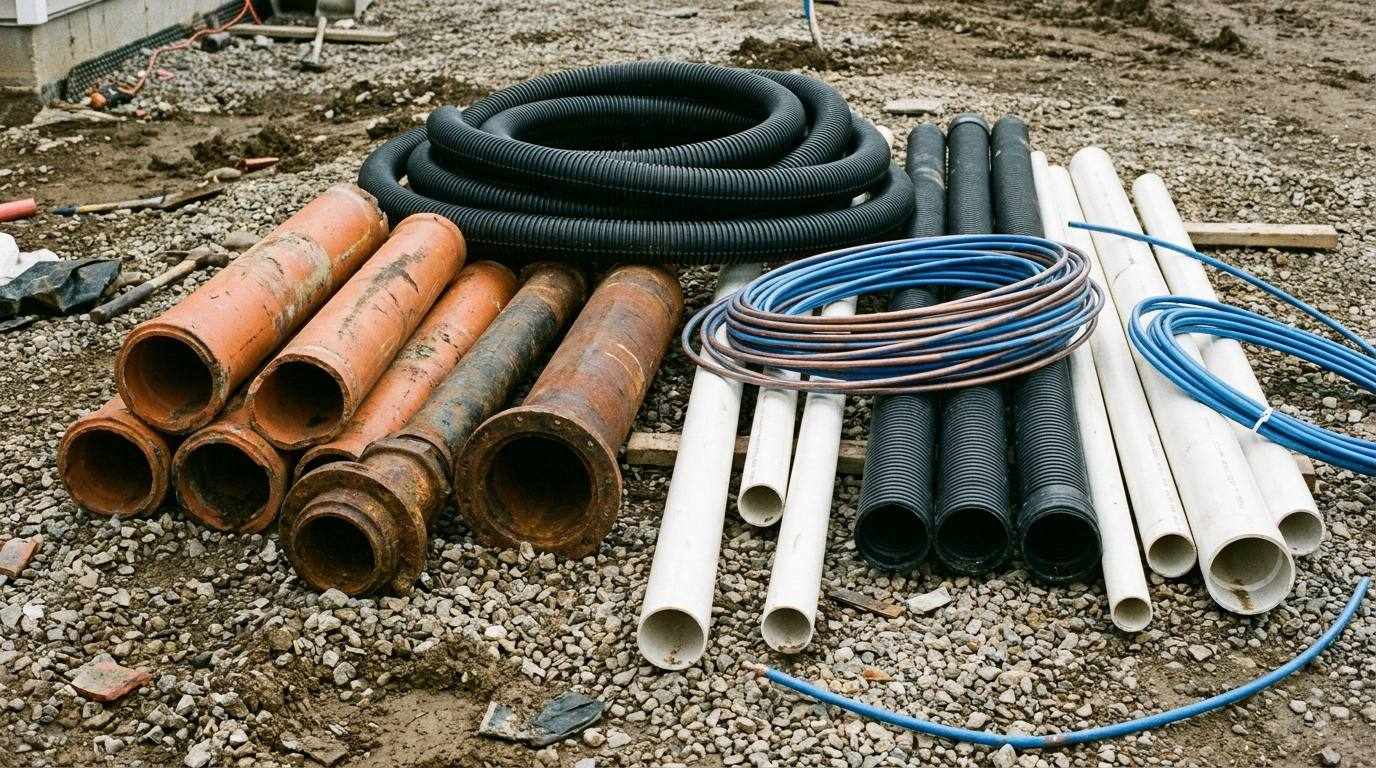 Clay, cast iron, PVC, and copper pipe sections laid out on a Denver job site