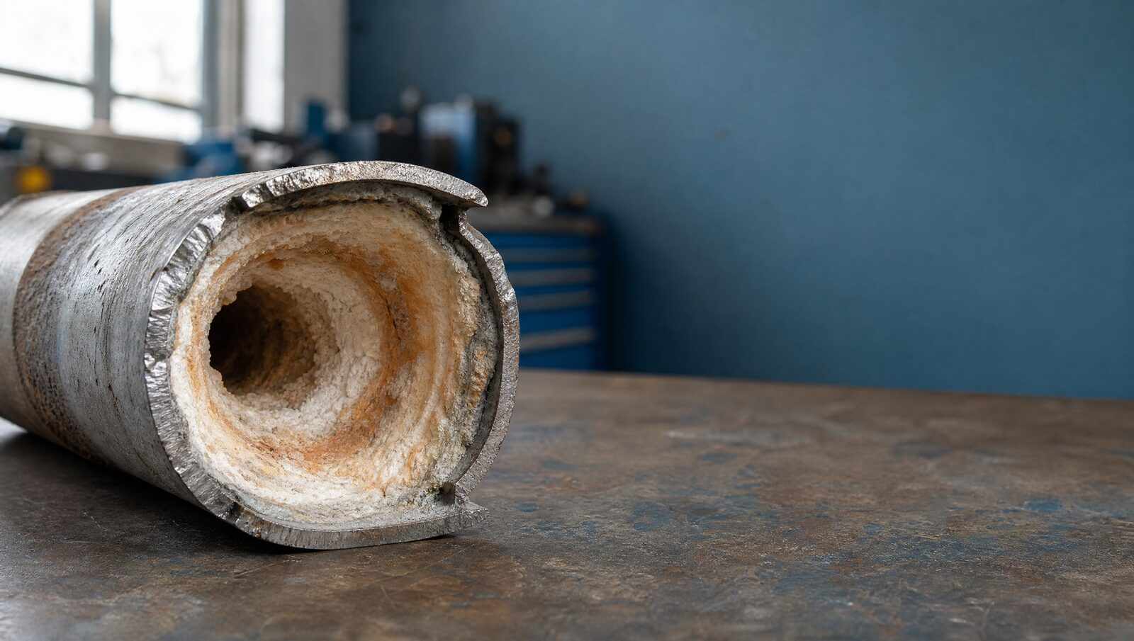 Cut-open section of old galvanized water pipe on a workbench, its interior narrowed to a fraction of its original diameter by thick white and rust-colored mineral scale.