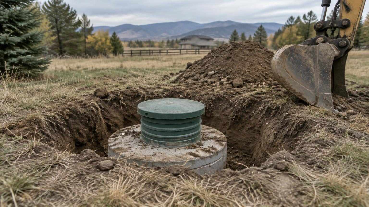 Excavated septic tank lid and riser beside an excavator bucket in a semi-rural Front Range yard with dry fall grass.
