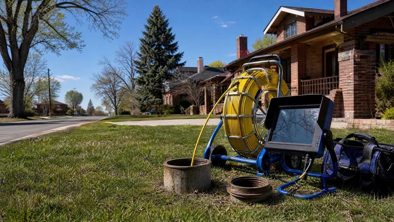 A sewer camera push reel and field monitor set up on the lawn beside an open cleanout at an older Denver bungalow.