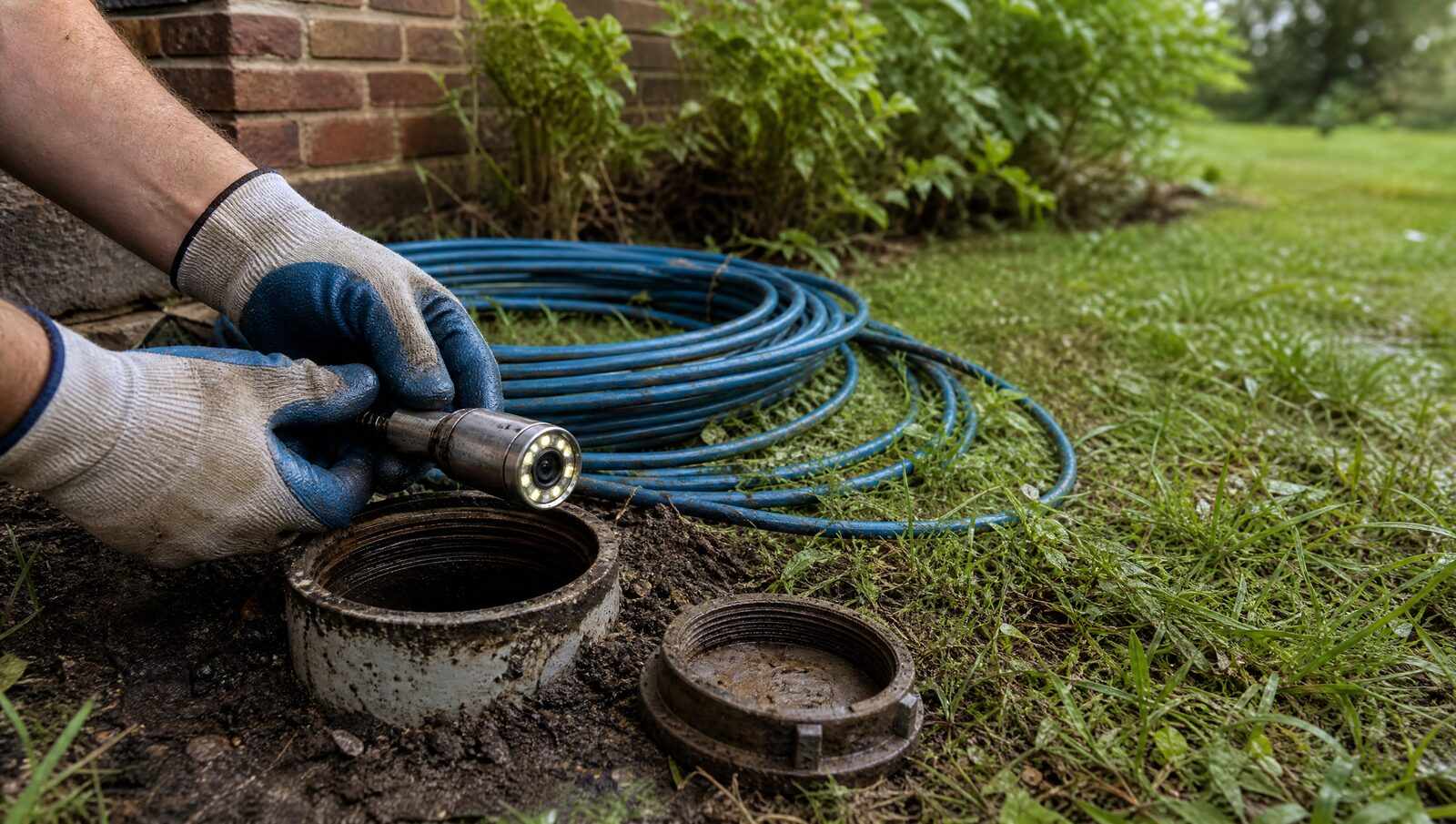A stainless sewer camera head and coiled push rod held above the open mouth of a cleanout riser in a Denver side yard.