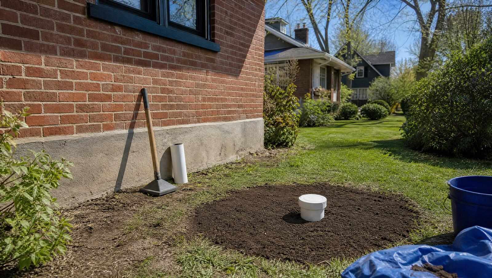 A newly installed white PVC sewer cleanout riser and cap set flush at grade in freshly tamped soil beside the brick foundation of a Denver bungalow.