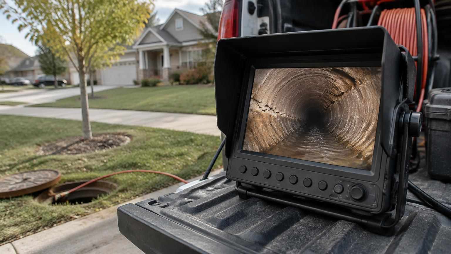 Sewer camera monitor showing a cracked clay pipe beside an Aurora suburban street and front yard.