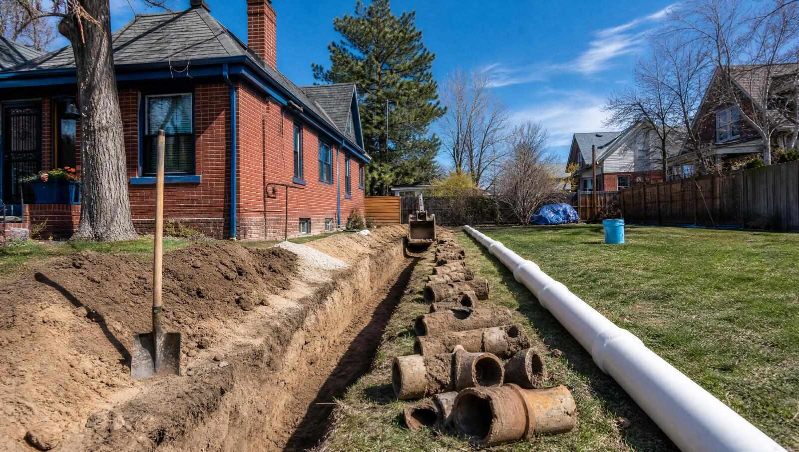A full length replacement trench in a Denver side yard with broken clay sewer pipe removed and laid along one side and a joined run of new PVC pipe waiting on the other.