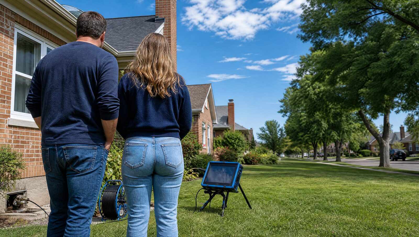 Two home buyers seen from behind watching a sewer scope monitor on the front lawn of an older Denver bungalow while the camera reel runs at the cleanout.