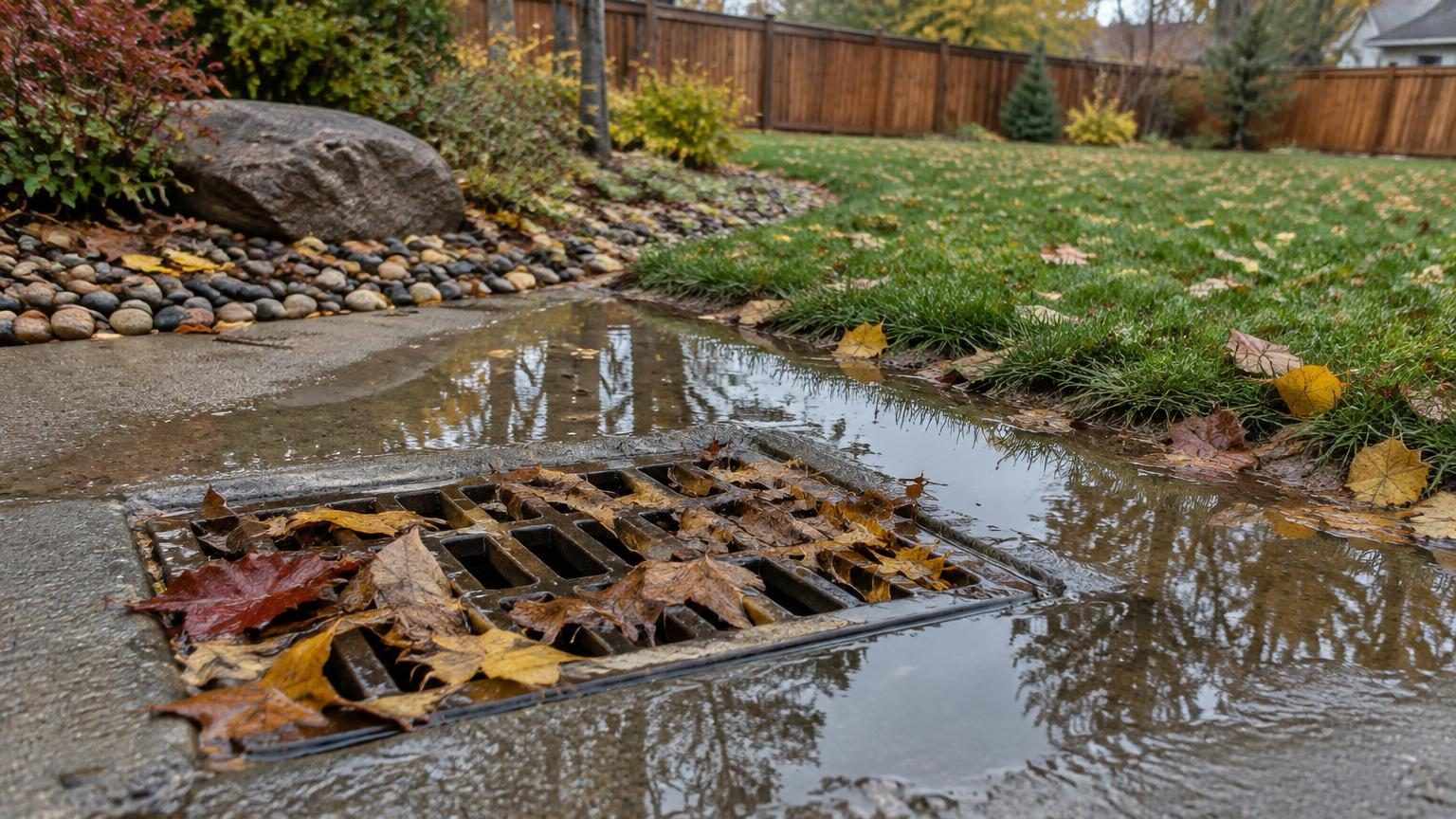 Standing rainwater and wet fall leaves surrounding a blocked concrete catch basin grate in a Denver metro backyard.