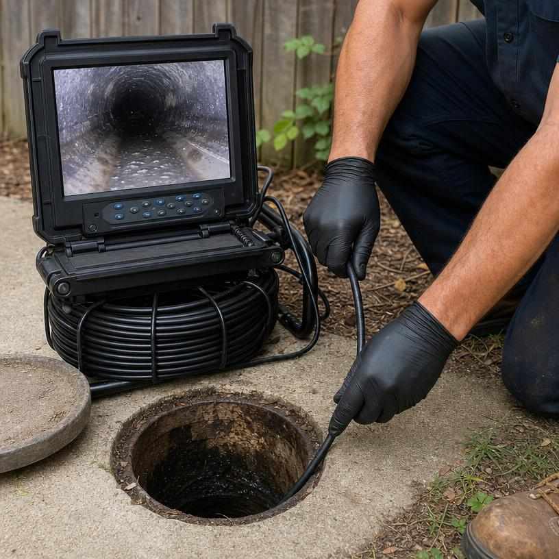 Sewer camera pushed into a yard cleanout with pipe footage on the monitor