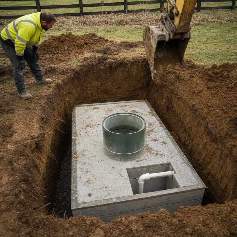 Concrete septic tank lid uncovered by an excavator during a septic repair
