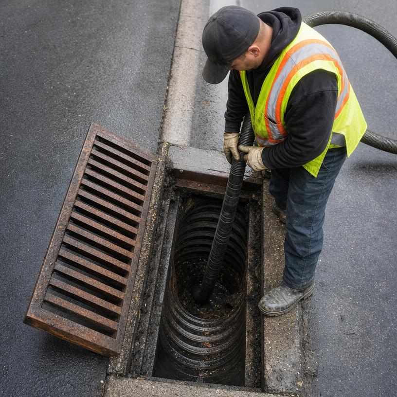 Worker vacuuming debris from an open street storm drain inlet