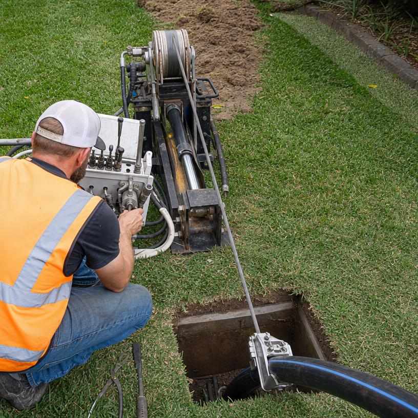 Technician running trenchless pipe bursting equipment from a small lawn access pit