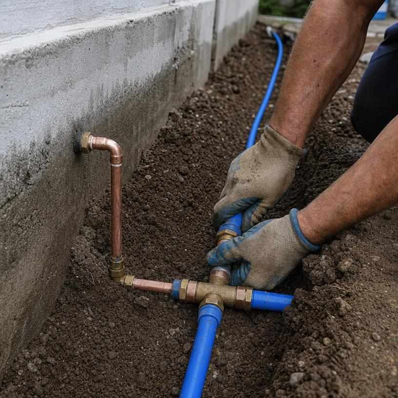 Copper and blue water service line fittings being connected beside a Denver home foundation
