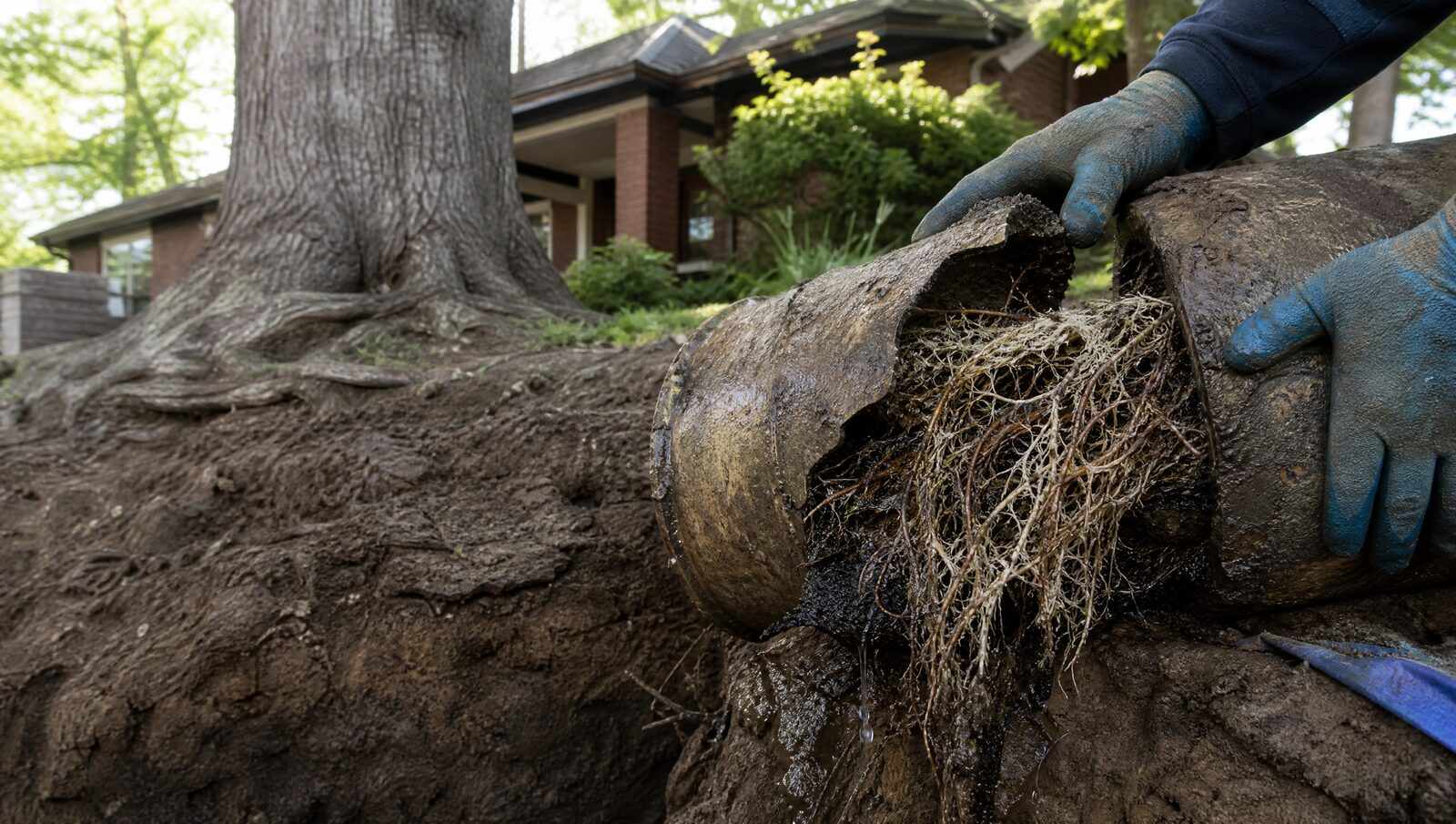 A section of clay sewer pipe pulled from a trench, split at the joint with a dense mat of tree roots bursting through the crack, beneath a mature Denver street tree.