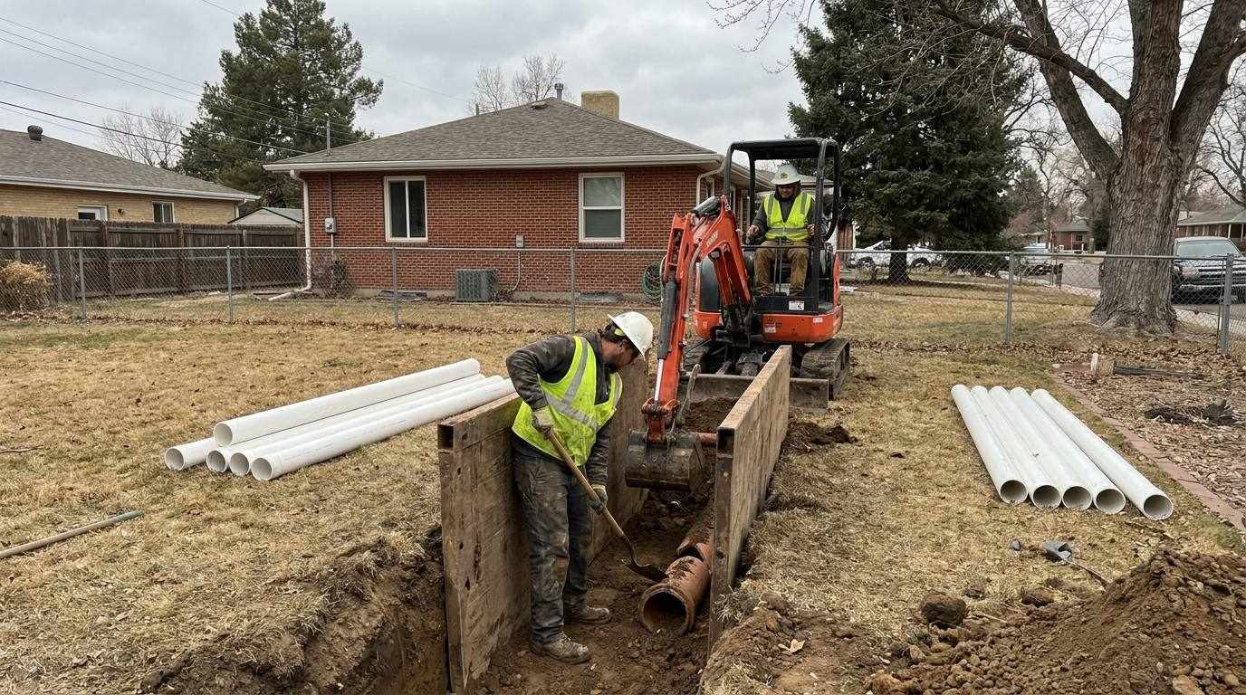 Denver Sewer and Water crew replacing a residential sewer lateral in a shored backyard trench