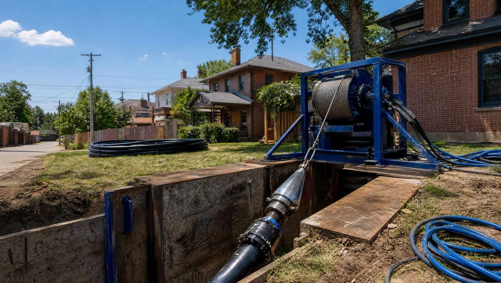 A pipe bursting launch pit in a Denver yard, with a hydraulic winch anchored at the pit edge, cable running underground and a bursting head with new HDPE pipe staged to be pulled through.