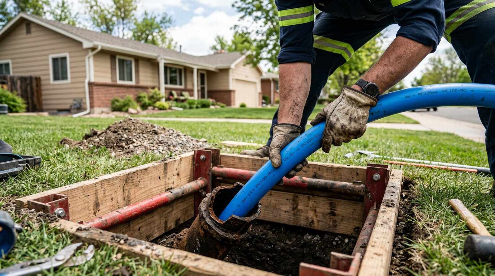 Trenchless water line replacement using small access pits and a new HDPE pipe in a Denver yard