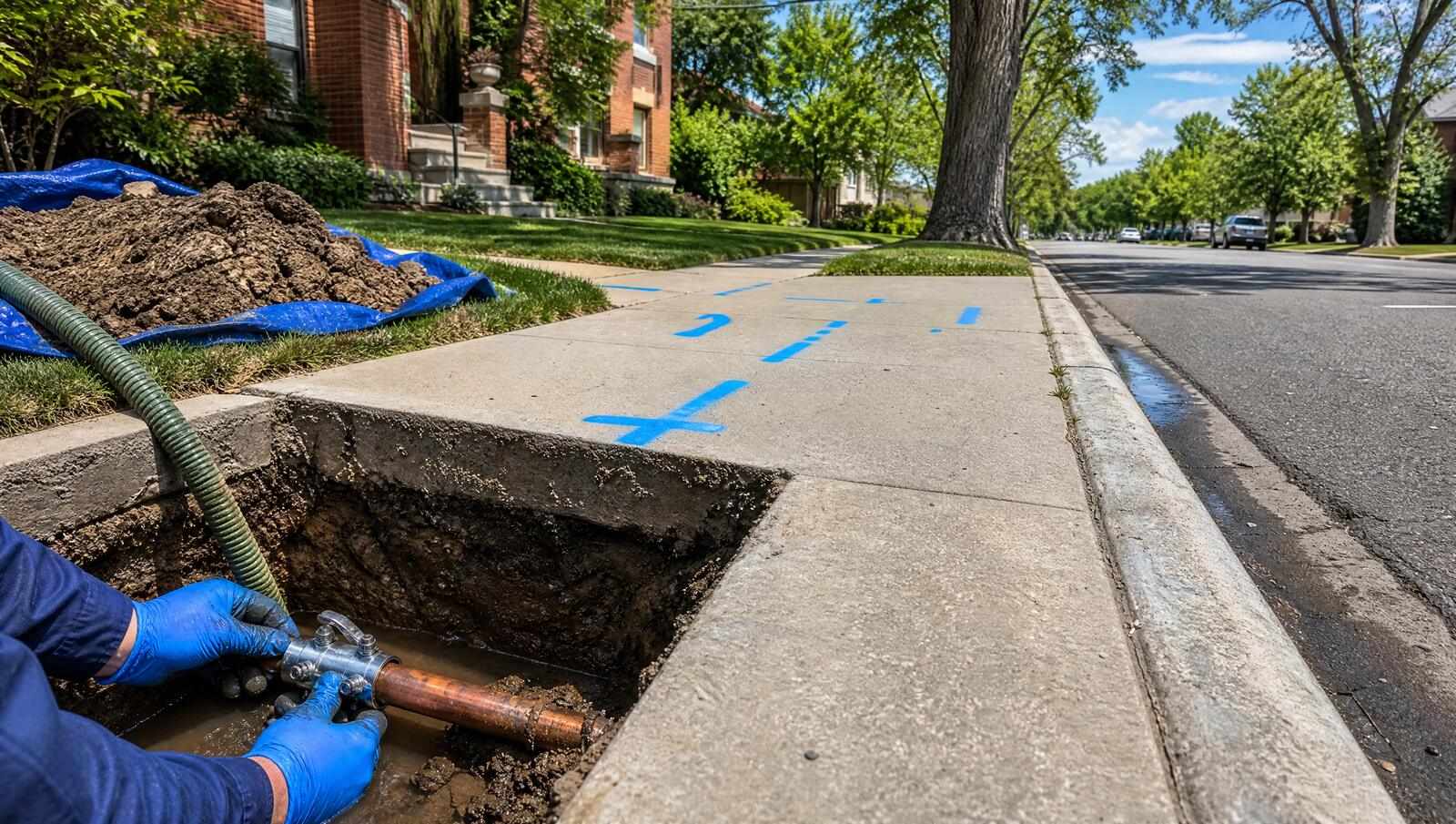 A narrow keyhole excavation in a Denver parkway strip exposing a copper water service line with a stainless repair clamp being fitted over a leak.