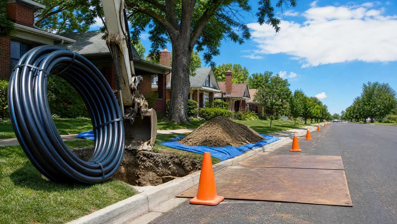 A coil of blue striped polyethylene water service pipe on the grass strip beside a Denver street, with an open pit at the curb and a plated street cut nearby.