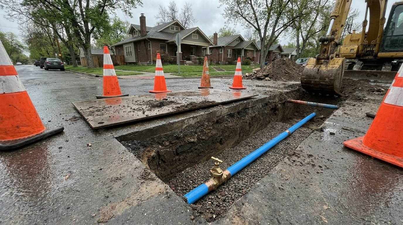 Open street cut exposing a copper water service line and curb stop in a Denver street