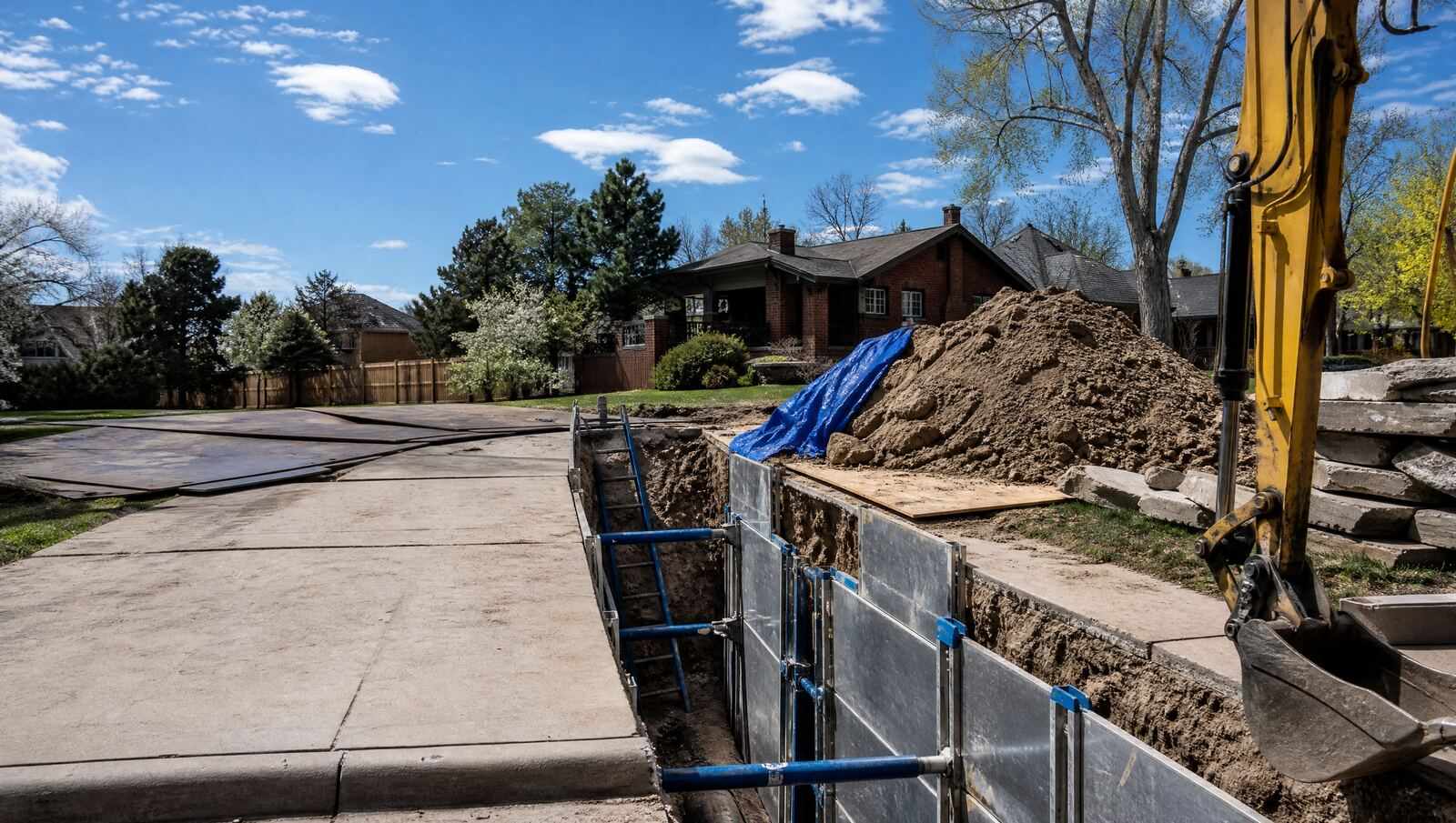 A deep shored trench cut across a residential concrete driveway in Denver, with the sawn concrete slabs stacked on the lawn and a large spoil pile alongside.